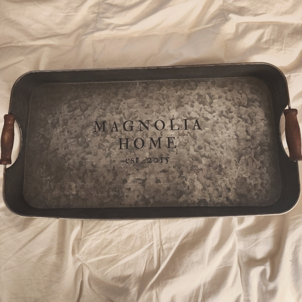 Magnolia Rustic Gray Metal Tray with Wooden Handles
